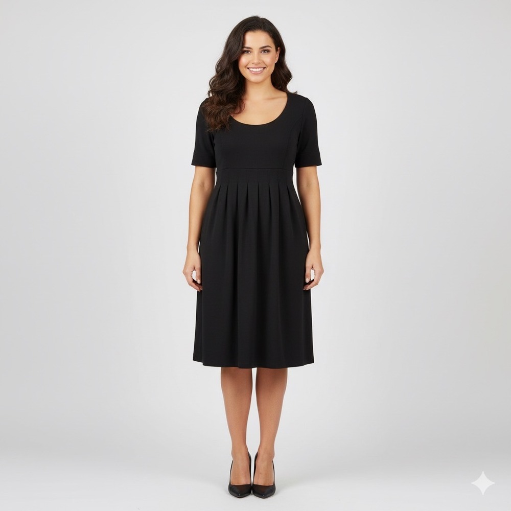 James Perse LA Knit Dress Medium Empire Waist Scoop Neck Short Sleeve Knee Black